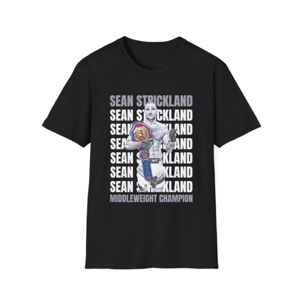 black T-shirt mockup with Sean Strickland UFC middleweight champion