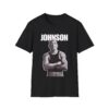 black T-shirt with Jack Johnson on it, the first African American boxing champion