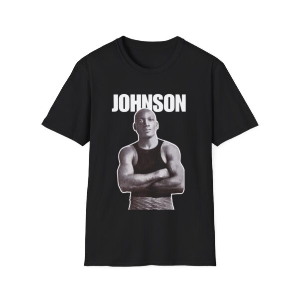 black T-shirt with Jack Johnson on it, the first African American boxing champion