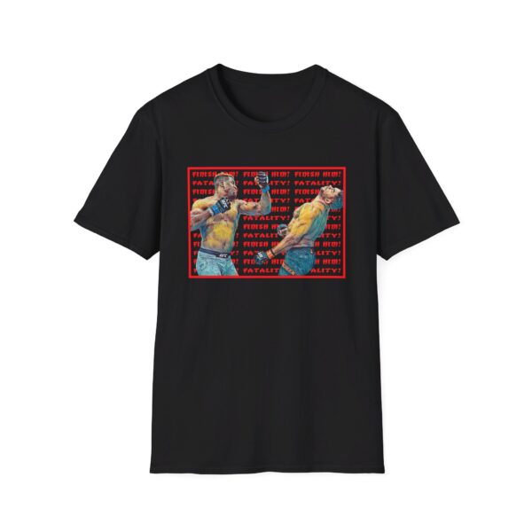 "black t-shirt displaying a dramatic moment of Francis Ngannou’s knockout punch against Alistair Overeem, with a powerful impact graphic."