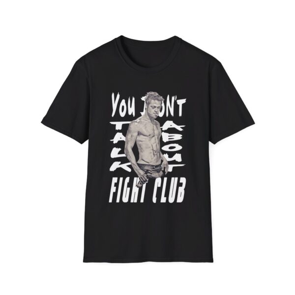 a black T-shirt with a fight club design saying You don't talk about it