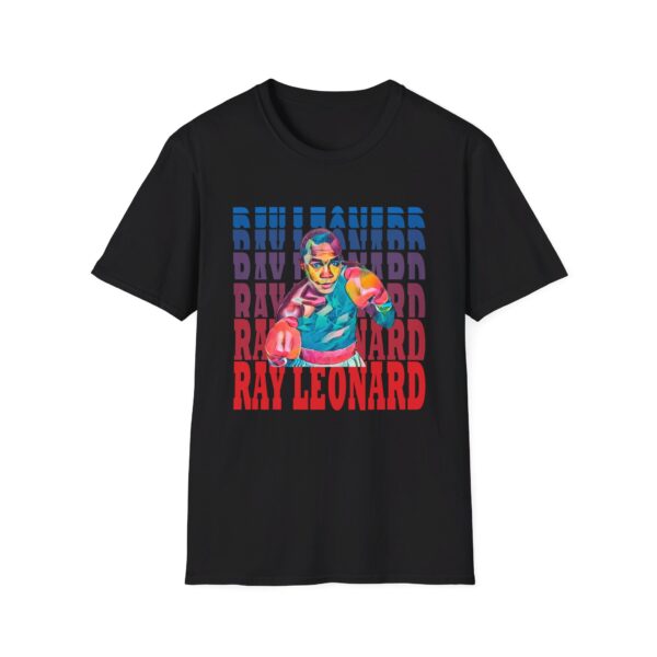 "black t-shirt with an artistic rendering of Sugar Ray Leonard in a boxing stance, with 'Ray Leonard' written beneath the image."