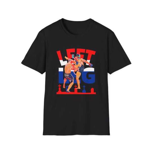 "black t-shirt displaying an intense image of Mirko Cro Cop delivering his famous left leg kick, with the phrase 'Left Leg Cemetery' in bold text, symbolizing his devastating striking power."
