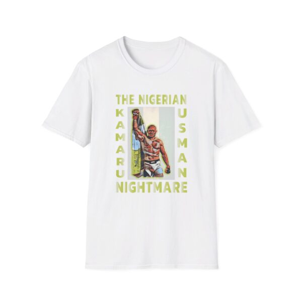 "white t-shirt with Kamaru Usman in a victorious pose, adorned with Nigerian flag colors and the title 'The Nigerian Nightmare' in bold letters."