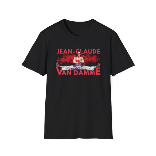Jean-Claude Van Damme doing a split in No Retreat, No Surrender movie black t-shirt design.