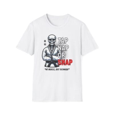 black tee with skeleton and “No Muscle” text