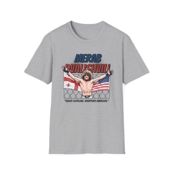 Merab Dvalishvili with Georgian and American flag, “Raised Georgian, sharpened American” MMA gray tee.