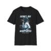 black version of Old School Never Dies dinosaur martial arts shirt