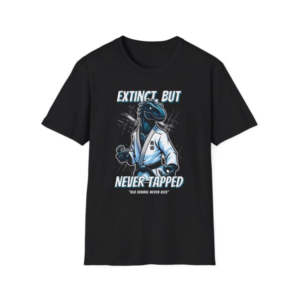 black version of Old School Never Dies dinosaur martial arts shirt