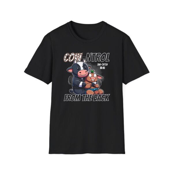 black tee showing back control with cows