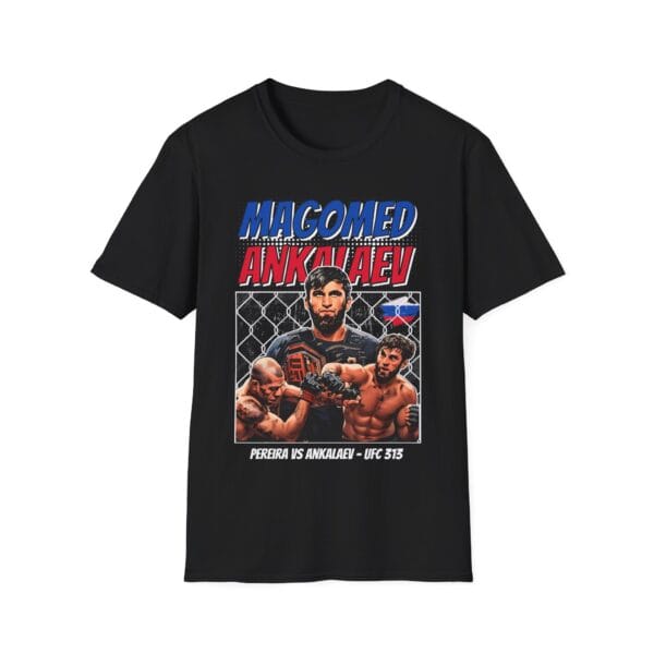 Ankalaev with UFC belt, “Ankalaev vs Pereira UFC 313” MMA tee.