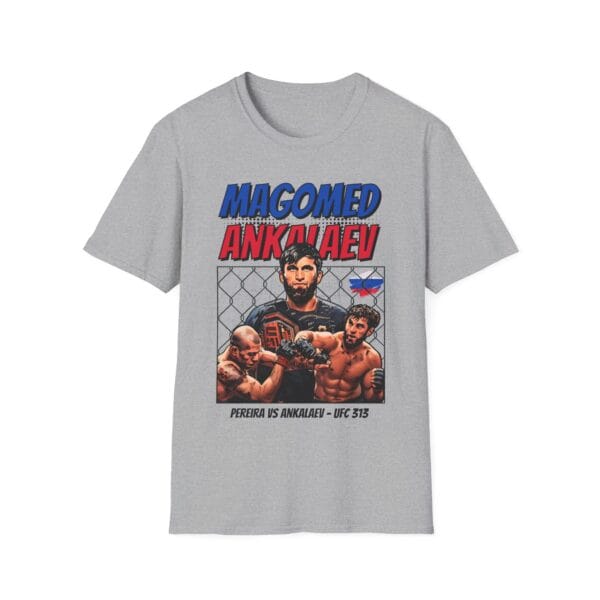Ankalaev with UFC belt, “Ankalaev vs Pereira UFC 313” MMA tee.