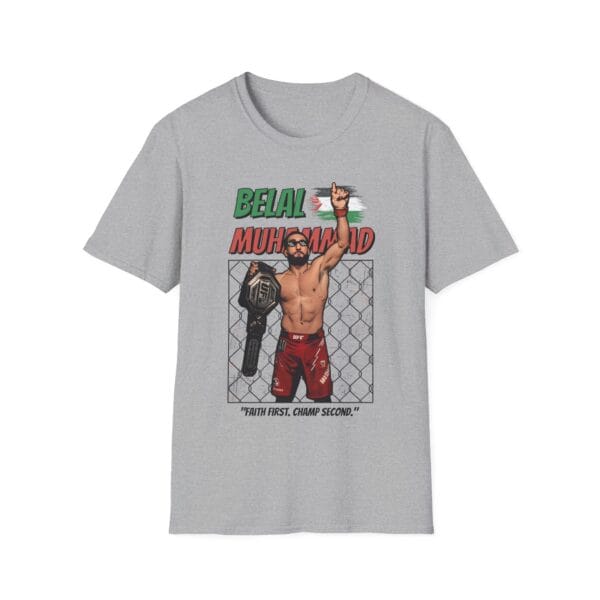Belal Muhammad with UFC belt pointing upward, “Faith first, champ second” MMA tee.