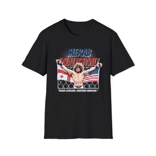 Merab Dvalishvili with Georgian and American flag, “Raised Georgian, sharpened American” MMA black tee.