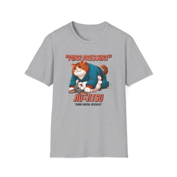 gray version of Purr Pressure fat cat vs bunny BJJ tee
