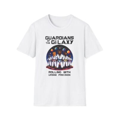 bears in gis and black belts floating among stars on shirt
