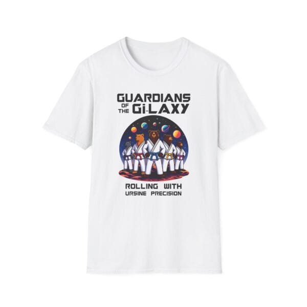 bears in gis and black belts floating among stars on shirt