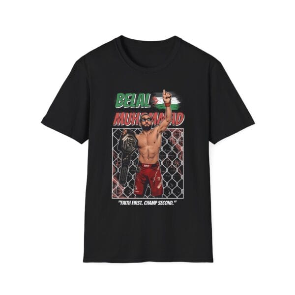 Belal Muhammad with UFC belt pointing upward, “Faith first, champ second” MMA tee.
