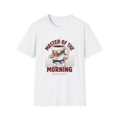 Coffee mug in gi with black belt ready to fight