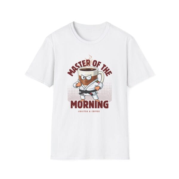 Coffee mug in gi with black belt ready to fight