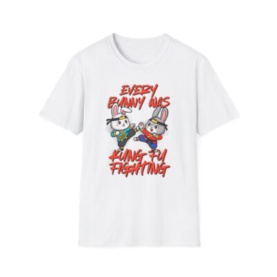Two bunnies in kung fu outfits fighting martial arts design