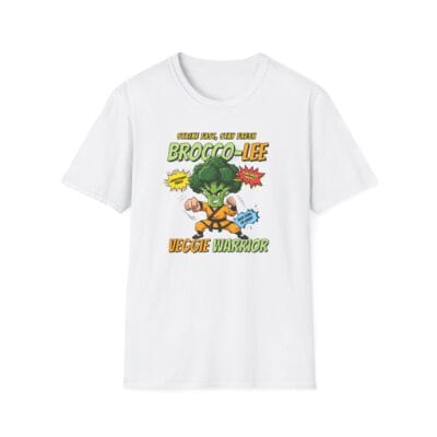 Cartoon broccoli in gi doing martial arts pose
