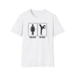 Parody of restroom signs showing kicking martial arts woman