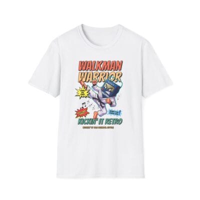 Cartoon Walkman in gi performing spinning back kick