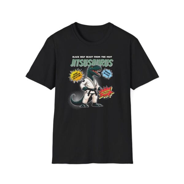 Jitsusaurus Tee in black next to dinosaur toy