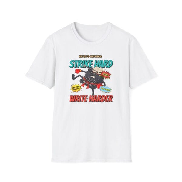 Cartoon typewriter with belt performing flying strike