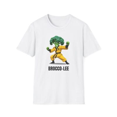 Broccoli cartoon character in karate gi ready to fight