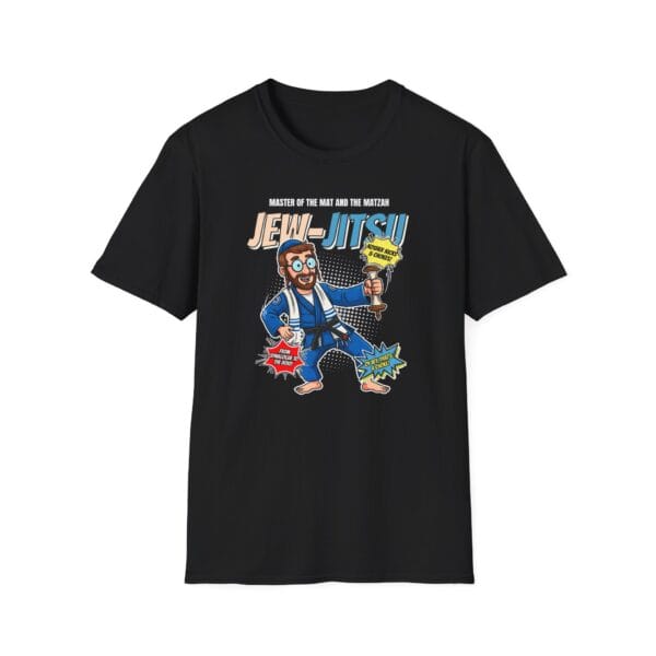 Jew-Jitsu Tee in black folded on table