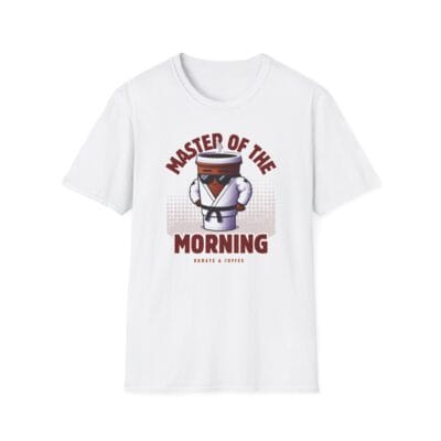 Coffee mug in karate gi with black belt and sunglasses