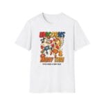 Unicorn landing flying knee on pegasus, both in muay thai shorts and gloves