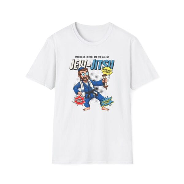 Cartoon Jewish martial artist in gi and black belt holding matzah